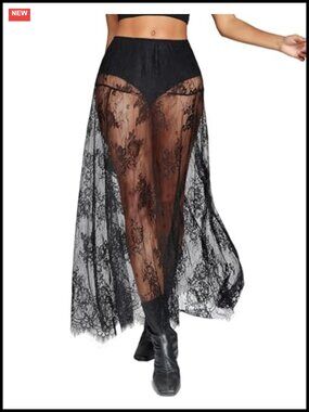 Sheer Lace Maxi Skirt High Waist A-Line Flowy Mesh See Through